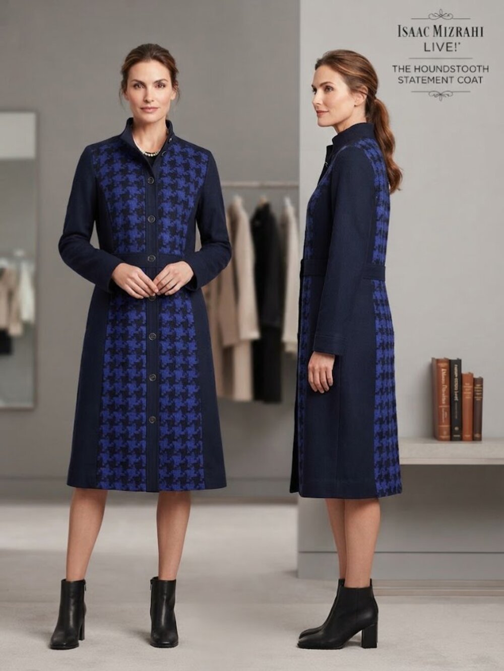 Isaac Mizrahi Live Blue Black Houndstooth Long Coat Jacket Size 8 NEW